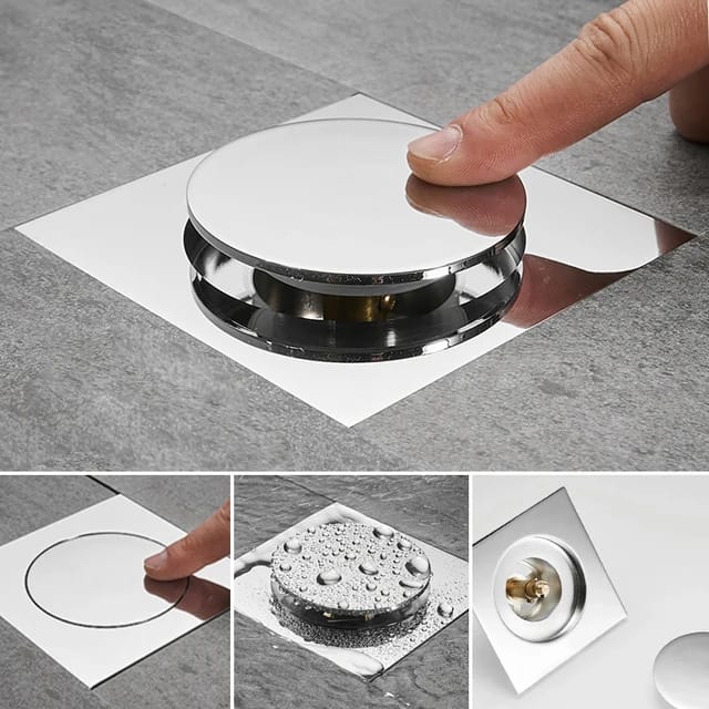 Stainless Steel Bathroom Floor Push Drain 6x6 Inches | Chrome