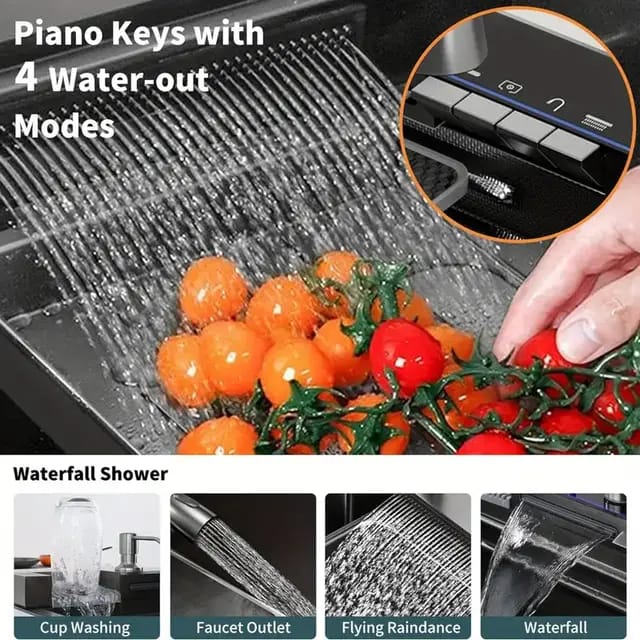 Kitchen Sink Bowl Piano Buttons Multifunction Waterfall Stainless Steel grade Black Finishing Luxury Kitchens