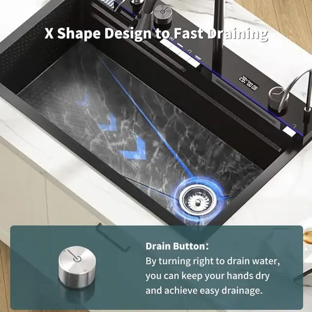 Kitchen Sink Bowl Piano Buttons Multifunction Waterfall Stainless Steel grade Black Finishing Luxury Kitchens