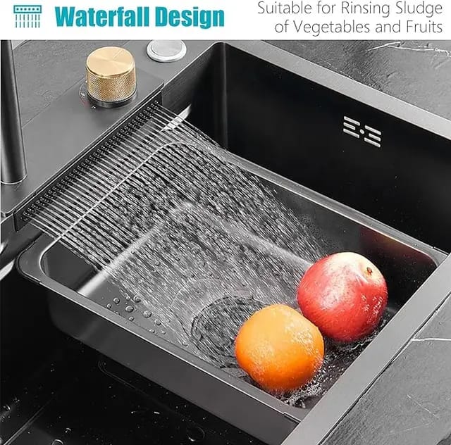 Kitchen Sink Bowl Multifunction Waterfall Stainless Steel Grade Black Pulout Faucet - Glass Washer - Accessories