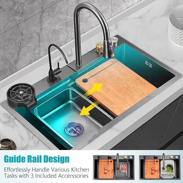 Kitchen Sink Bowl Multifunction Waterfall Stainless Steel Grade Black Pulout Faucet - Glass Washer - Accessories