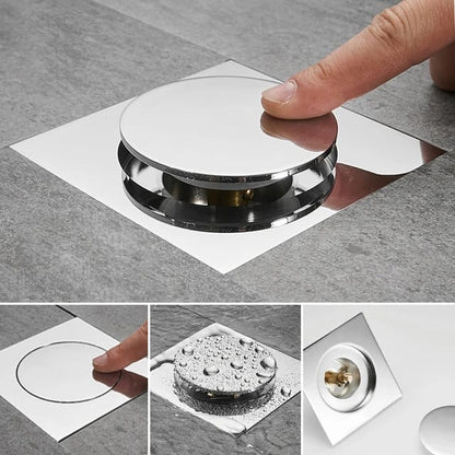 Stainless Steel Bathroom Floor Push Drain 6x6 Inches | Chrome