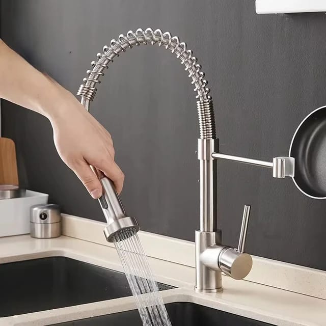 Spring Kitchen Faucet Mixer NICKEL Hot & Cold Pull Down Movable Sink Mounted