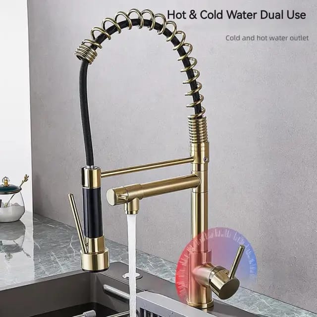 360° Movable Kitchen Faucet Mixer GOLD Hot & Cold Dual Function Modern Design For Kitchen Sink