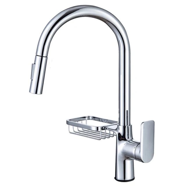 Sleek Kitchen Faucet Soap Dish Brass CHROME Hot & Cold Pullout Feature