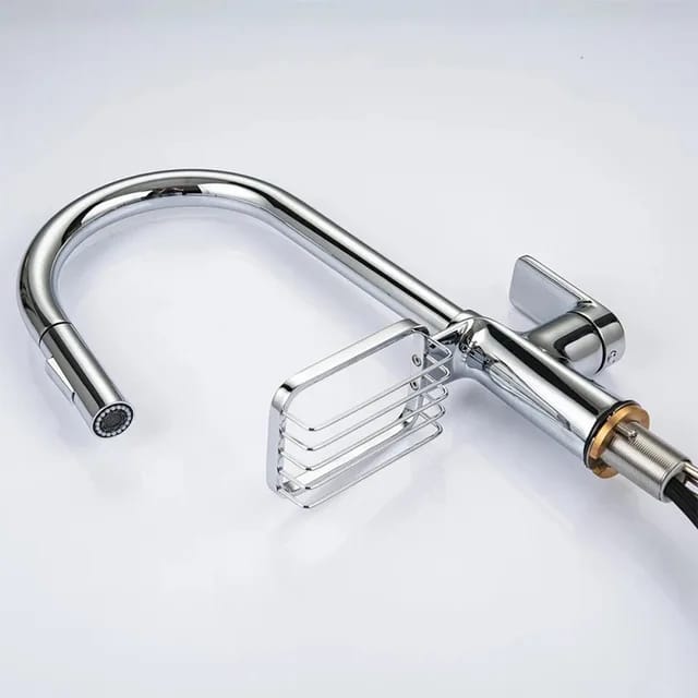 Sleek Kitchen Faucet Soap Dish Brass CHROME Hot & Cold Pullout Feature