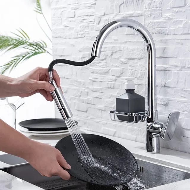 Sleek Kitchen Faucet Soap Dish Brass CHROME Hot & Cold Pullout Feature