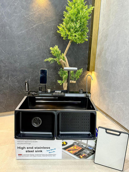 Stainless Steel Smart Waterfall Multifunctional Piano Kitchen Sink New Trending Mobile Phone Holder & Hand Spray