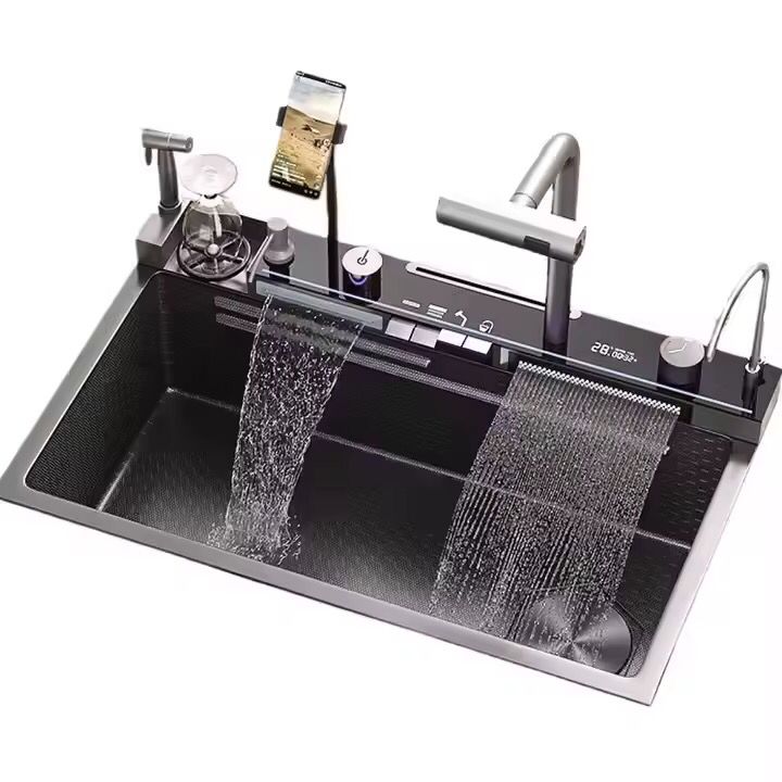 Stainless Steel Smart Waterfall Multifunctional Piano Kitchen Sink New Trending Mobile Phone Holder & Hand Spray