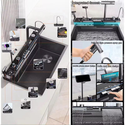 Stainless Steel Smart Waterfall Multifunctional Piano Kitchen Sink New Trending Mobile Phone Holder & Hand Spray
