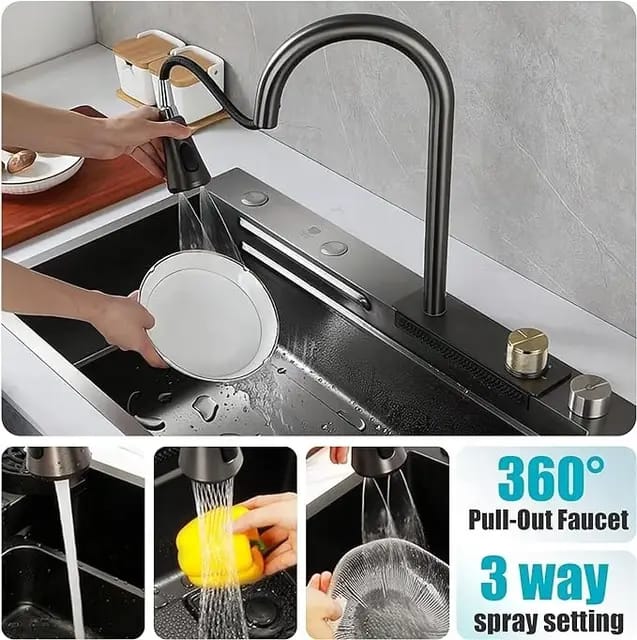 Kitchen Sink Bowl Multifunction Waterfall Stainless Steel Grade Black Pulout Faucet - Glass Washer - Accessories