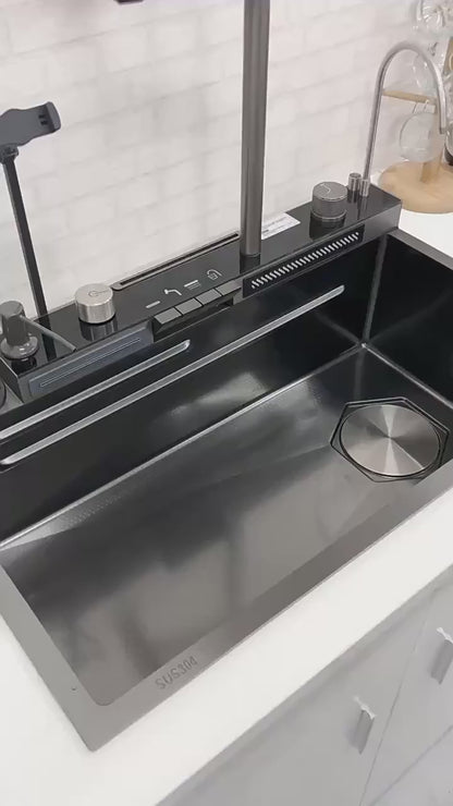 Stainless Steel Smart Waterfall Multifunctional Piano Kitchen Sink New Trending Mobile Phone Holder & Hand Spray